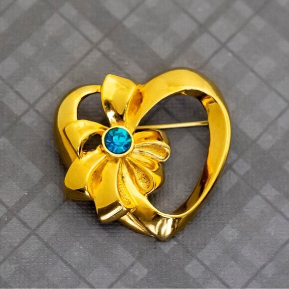 Vintage Abstract Heart Blue Rhinestones Ribbon Brooch by Avon, G40 - Picture 1 of 2